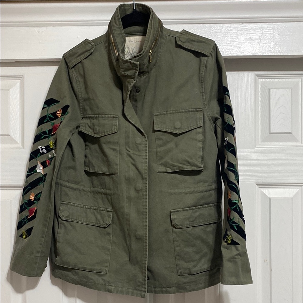 Olive Green Military Jacket with Embroidered Sleeves